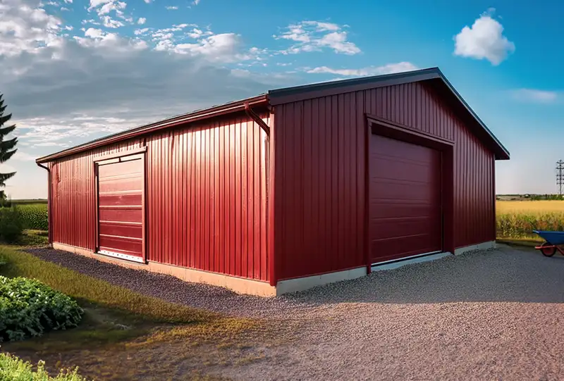 NA-LP E-blast Steel Price 8 affordable metal garage kits. Red building with a garage door.