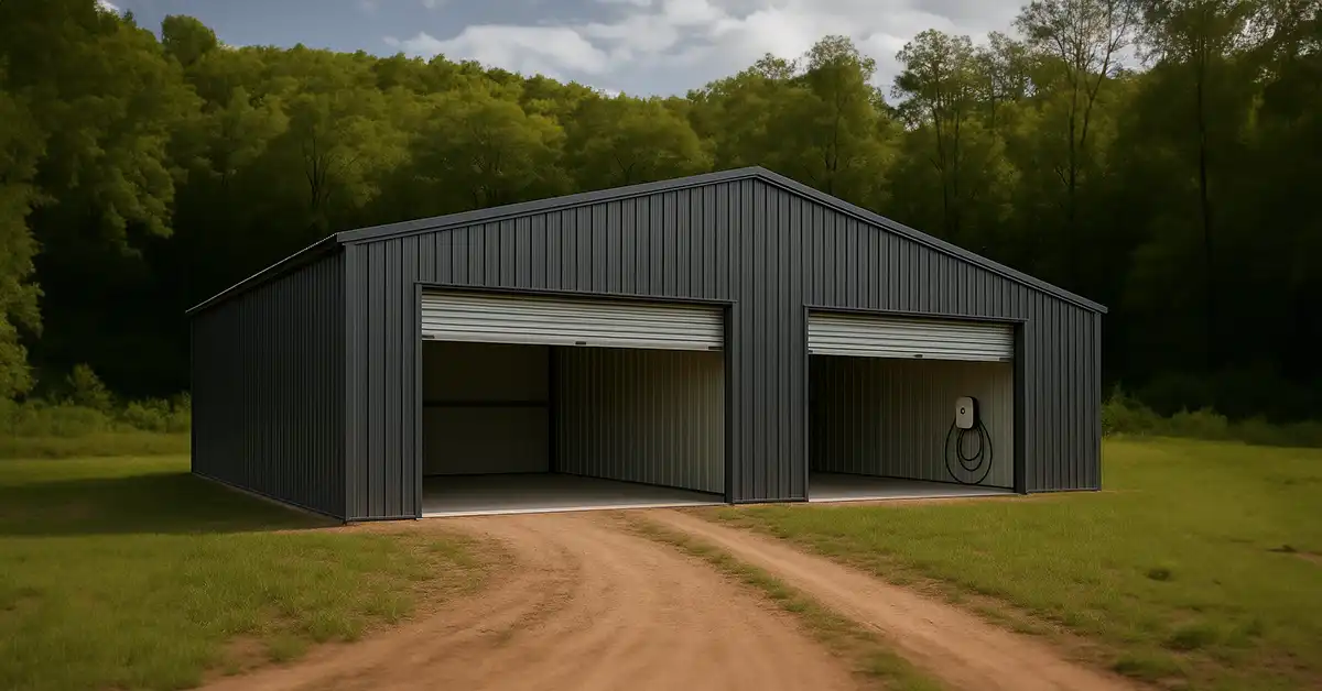 Slate Color Prefab Steel Buildings for Your Electric Truck 6 slate prefab steel garage with Electric Truck charger