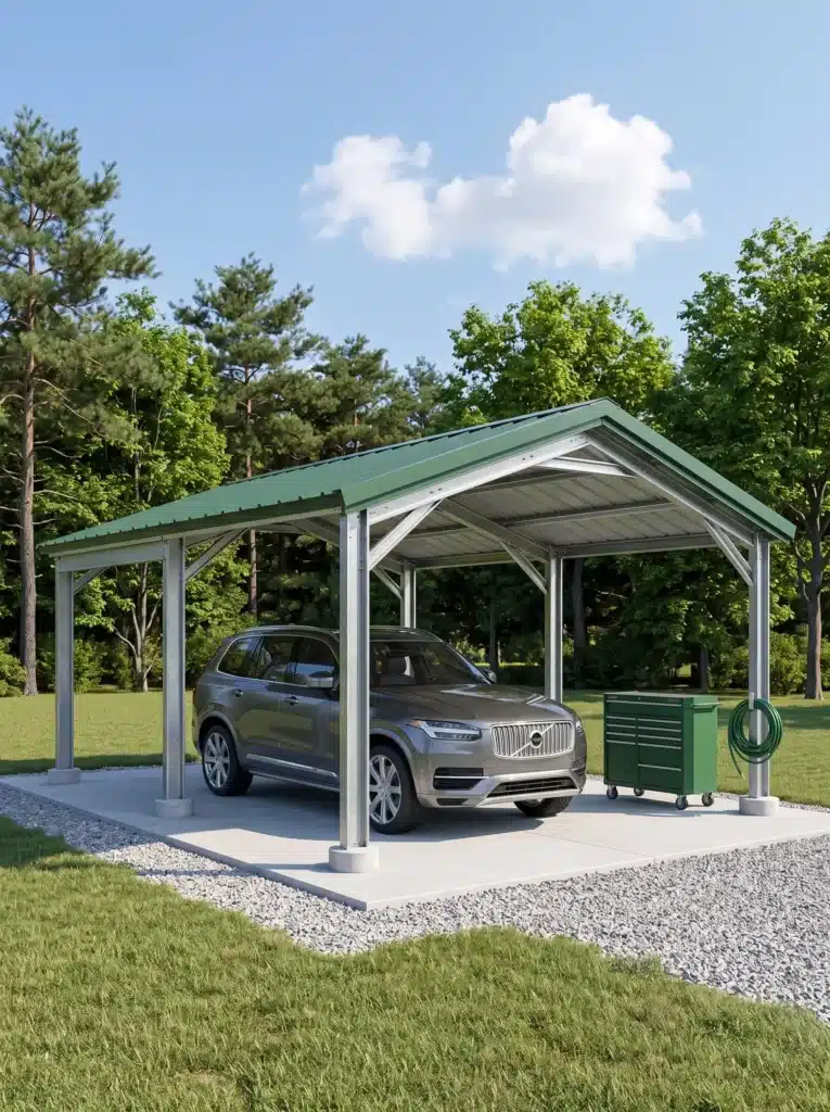 Open steel carport with green gable roof on concrete pad.