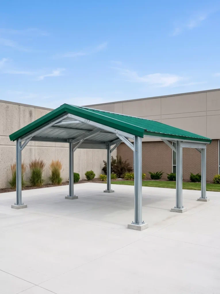 Green gable roof steel carport on concrete pad.